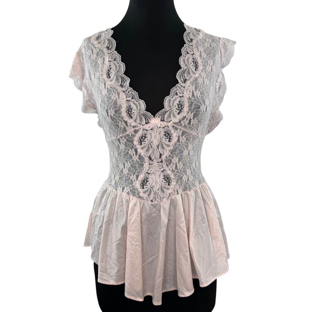 VINTAGE Sears Apostrophe Light Pink Babydoll Dress Floral Sheer V-Neck M Medium